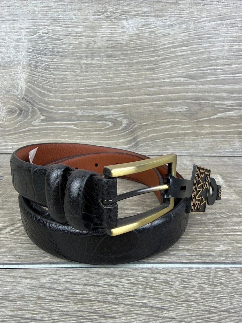 Jos.A. Bank 7320 Mens Sz 44 Black Croc Embossed Leather Dress Belt Brass Buckle